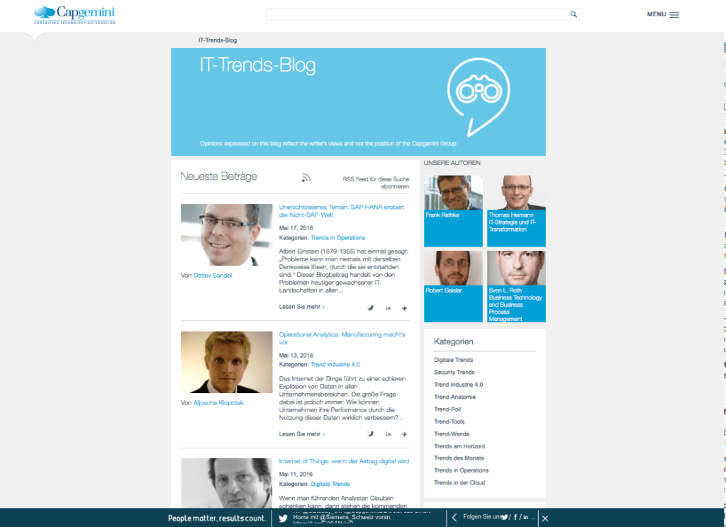 Beispiel für ein auf die Zielgruppe zugeschnittenes Corporate Blog: Capgemini informiert über IT-News – subjektiver Form. 