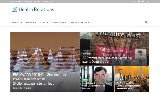 Direkt auf den ersten Blick erhalten die Leser von Health Relations einen Überblick über die News in den verschiedenen Branchen "Dental", "Pharma", "Klinik" und "Tiermedizin".