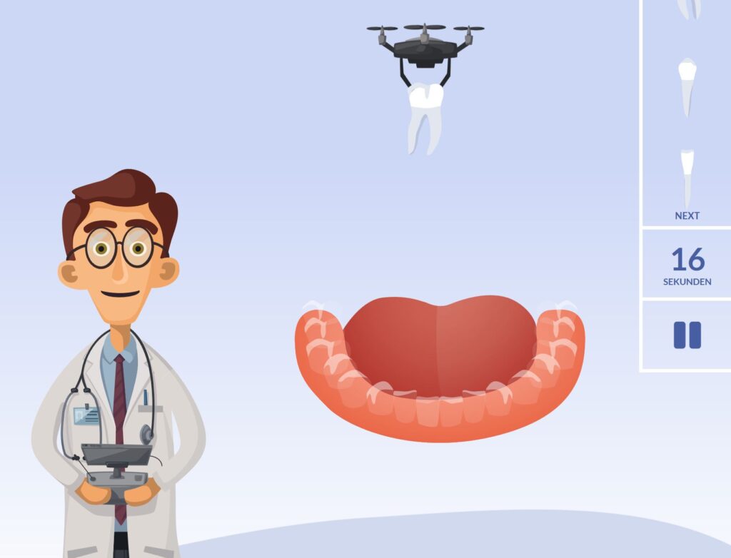 Mit der Drohne steuern die Spieler Zähne an die richtige Stelle im Gebiss. ©Sanofi-Aventis