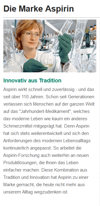 Bayer kommuniziert die Tradition von "Aspirin" 