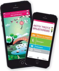 App "Aktiv trotz Brustkrebs": Zu regelmäßiger Bewegung motiviert der „Zen-Garten“. Indem Übungen durchgeführt werden, lässt sich der Garten durch unterschiedliche Elemente erweitern – wurden zwanzig Übungsblöcke absolviert, zeigt er sich in seiner ganzen Pracht (Novartis).